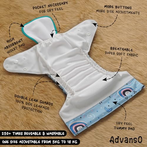 Advanso Leakage Proof cloth diapers for babies, high absorbent 1 reusable diaper 1 insert pad combo pack washable cloth diaper free size 5-18kg adjustable pocket cover (A3) - Image 3