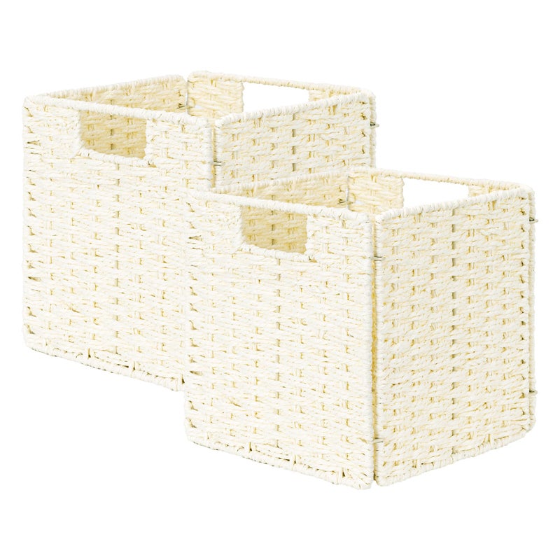 StorageWorks Beige Wicker Baskets, Handwoven Storage Cubes with Handles, Foldable Paper Rope Basket for Organizing, 9 inch, 2 Pack - Image 1