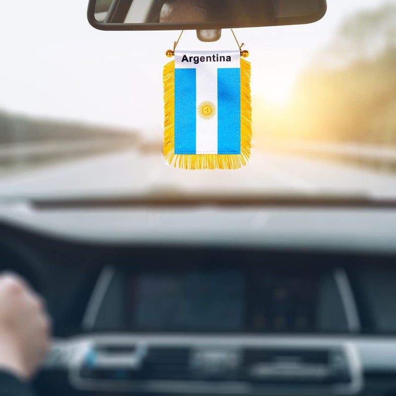 WXTWK 3 X 5 Inch Argentina Flag Argentine Window Hanging Flag Small Mini Car Flags Banners Rearview Mirror Decoration With Suction Cup Golden Fringy Banner - Image 4