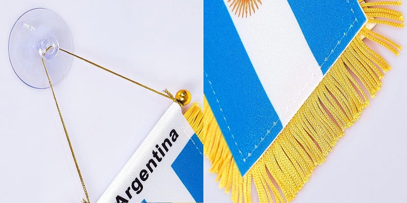 WXTWK 3 X 5 Inch Argentina Flag Argentine Window Hanging Flag Small Mini Car Flags Banners Rearview Mirror Decoration With Suction Cup Golden Fringy Banner - Image 3