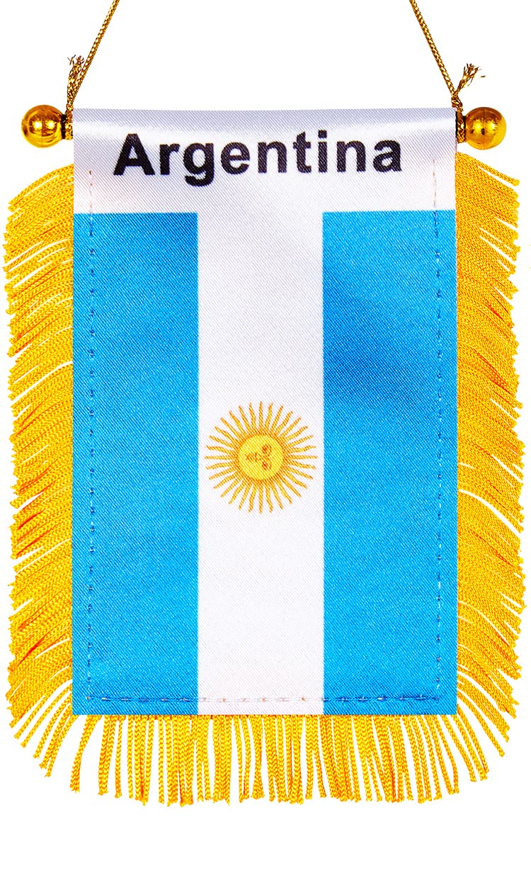 WXTWK 3 X 5 Inch Argentina Flag Argentine Window Hanging Flag Small Mini Car Flags Banners Rearview Mirror Decoration With Suction Cup Golden Fringy Banner - Image 1