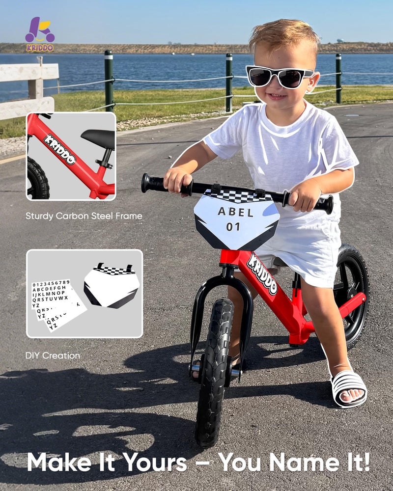 KRIDDO Toddler Balance Bike 2 Year Old, Age 18 Months to 5 Years Old, 12 Inch Push Bicycle with Customize Plate (3 Sets of Stickers Included), Steady Balancing, Gift Bike for 2-3 Boys Girls, Red - Image 4