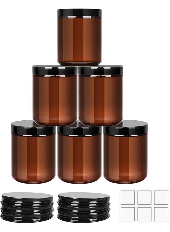 The Bros 6Pack 8oz amber Round Glass Pot Jars, Empty Jars with Lids, Refillable Cosmetic Containers, Travel Jars for Lotion, Cream, Slime, Cosmeti - Includes extra lid and label - Image 1