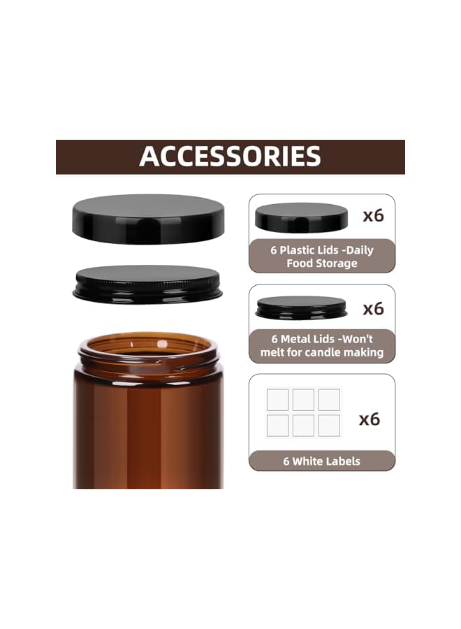 The Bros 6Pack 8oz amber Round Glass Pot Jars, Empty Jars with Lids, Refillable Cosmetic Containers, Travel Jars for Lotion, Cream, Slime, Cosmeti - Includes extra lid and label - Image 2