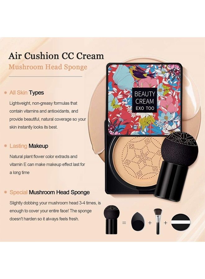 NUIBO Air Cushion CC Cream Foundation Moisturizing Long Lasting Matte Concealer Light Weight Smoothly Water Proof Makeup Base Liquid Foundation with 2PCS Mushroom Head【Natural/Unscrew Lid】  - Image 5