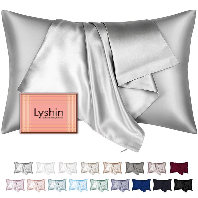 LYSHIN Mulberry Silk Pillow Cases Standard Size with Hidden Zipper, Ultra Smooth and Soft Breathable Cooling Silk Satin Pillowcase for Hair and Skin, Gifts for Women Men (Light Grey, 20x26 Inches, 1 Pack) - Image 1