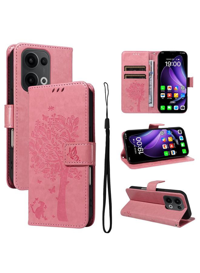 S-TOP Case For OPPO Reno13 5G Global Tree & Cat Embossed Pattern Flip Leather Phone Case - Image 1