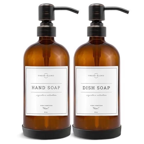 Vine Creations Amber Glass Soap Dispenser, 2 Pack Kitchen Soap Dispenser Set with Stainless Steel Pump, 16 oz Dish Soap and Hand Soap Dispensers for Bathroom with Waterproof Labels - Image 1