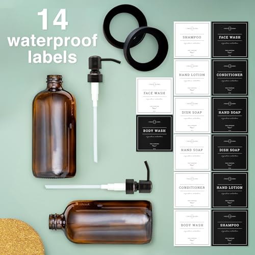 Vine Creations Amber Glass Soap Dispenser, 2 Pack Kitchen Soap Dispenser Set with Stainless Steel Pump, 16 oz Dish Soap and Hand Soap Dispensers for Bathroom with Waterproof Labels - Image 5