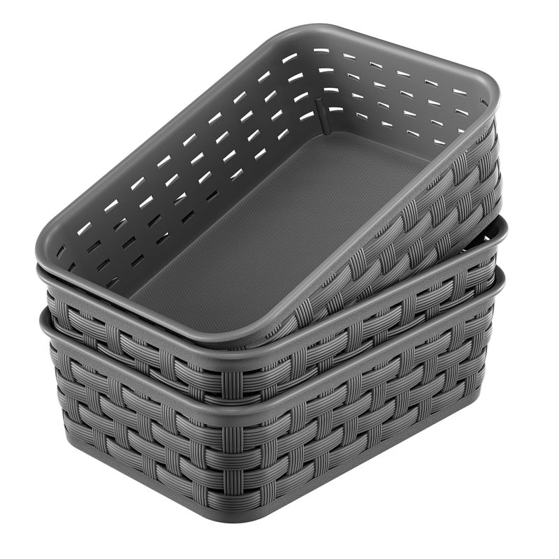 FUCDTEFC 3 Pack Small Plastic Basket, Storage Bin Baskets for Organizing, Pantry Organizer Household Wicker Storage for Laundry Room, Bedrooms, Kitchens, Cabinets, Countertops, Dark Gray - Image 1
