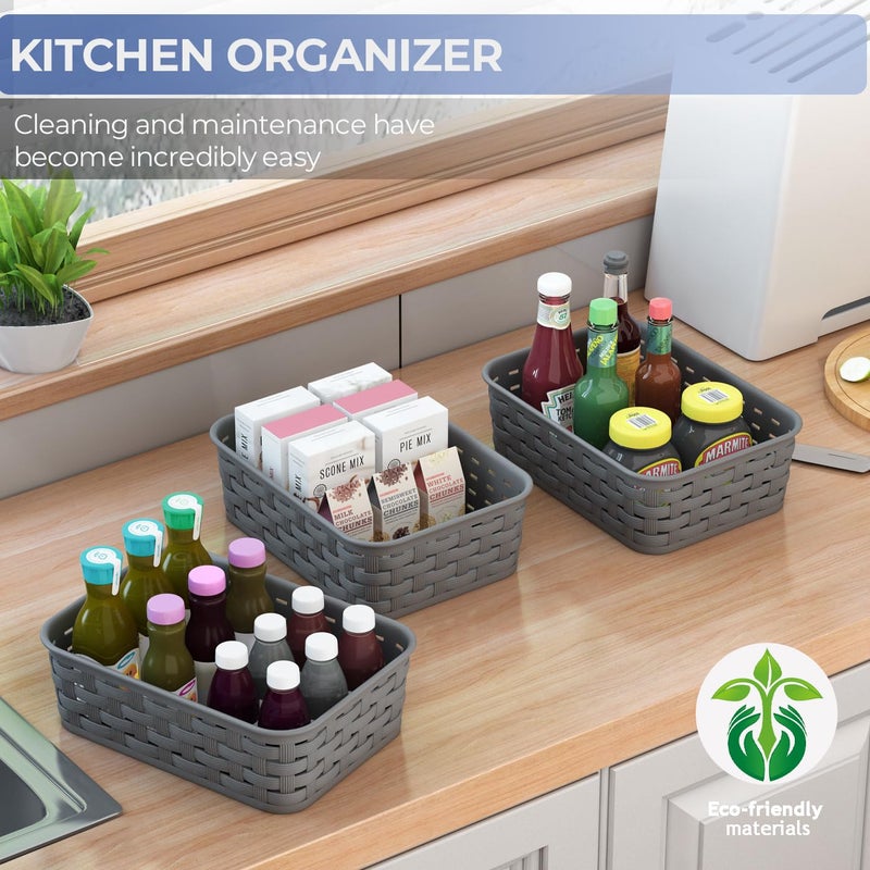 FUCDTEFC 3 Pack Small Plastic Basket, Storage Bin Baskets for Organizing, Pantry Organizer Household Wicker Storage for Laundry Room, Bedrooms, Kitchens, Cabinets, Countertops, Dark Gray - Image 4