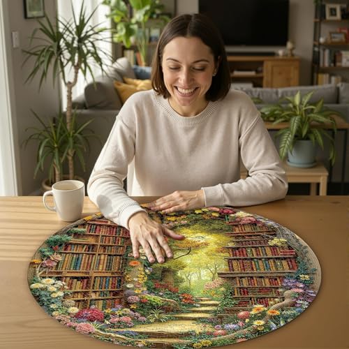 Artipuz 1000 Piece Round Jigsaw Puzzle for Adults Enchanted Library Archway 266in Diameter Circular Forest Bookcase Scene Fantasy Wall Art for Book Lovers - Image 5