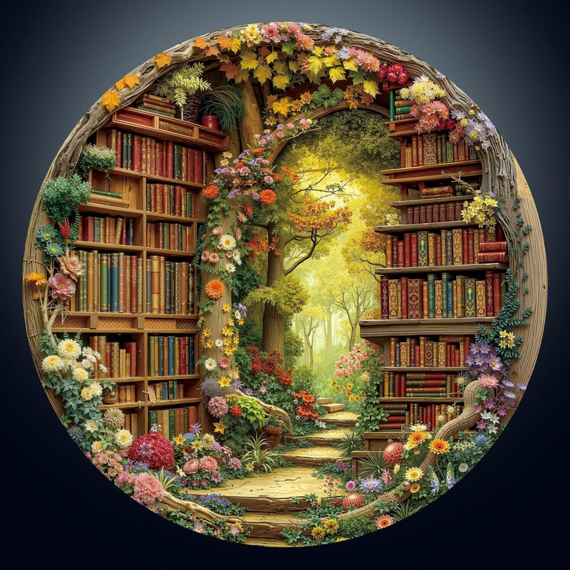 Artipuz 1000 Piece Round Jigsaw Puzzle for Adults Enchanted Library Archway 266in Diameter Circular Forest Bookcase Scene Fantasy Wall Art for Book Lovers - Image 3