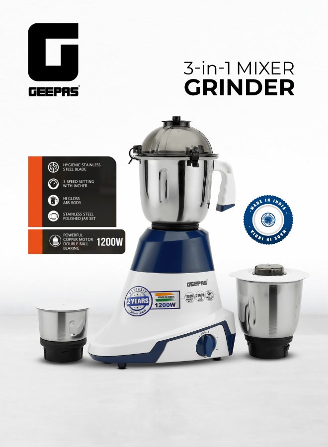 GEEPAS 3-IN-1 Mixer Grinde, Powerful Copper Motor with Stainless Steel Jars (1.5 L, 1.0 L, 0.5 L) and Blades, ABS Body and Unbreakable PC Dome Lid| Ergonomic Design with Motor Overload Protector| 3 Jars, 3 Speed Setting with Incher 1200 W GSB44088 White/Blue - Image 1