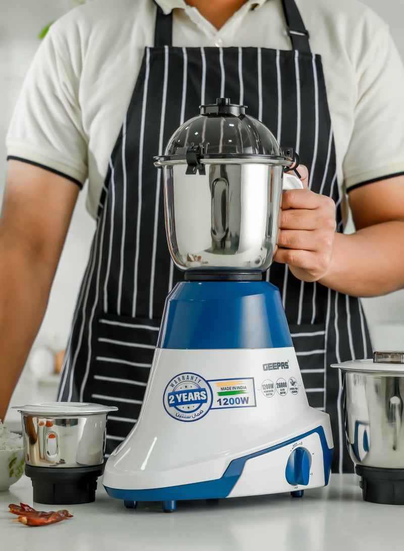 GEEPAS 3-IN-1 Mixer Grinde, Powerful Copper Motor with Stainless Steel Jars (1.5 L, 1.0 L, 0.5 L) and Blades, ABS Body and Unbreakable PC Dome Lid| Ergonomic Design with Motor Overload Protector| 3 Jars, 3 Speed Setting with Incher 1200 W GSB44088 White/Blue - Image 2