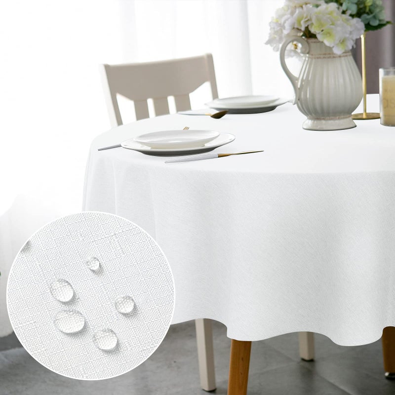 Qidordour Round Tablecloth60 inch DiameterFaux Linen Table ClothWater Resistant SpillProof Wipeable Polyester Dining Table Cover for Kitchen Cafe Restaurant Buffet Tabletop DecorationWhite