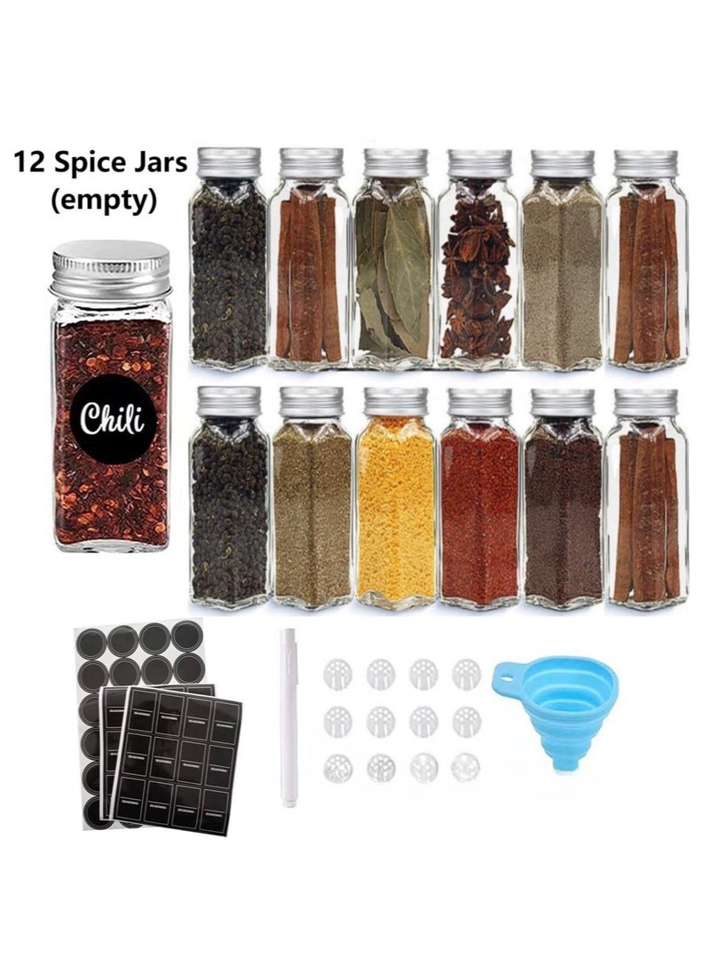 KADRAMA 12-Piece Glass Spice Jar Set with Airtight Metal Caps - 120ml Empty Square Spice Containers with Shaker Lids, Labels, Silicone Collapsible Funnel, White board Pen Included  - Image 1
