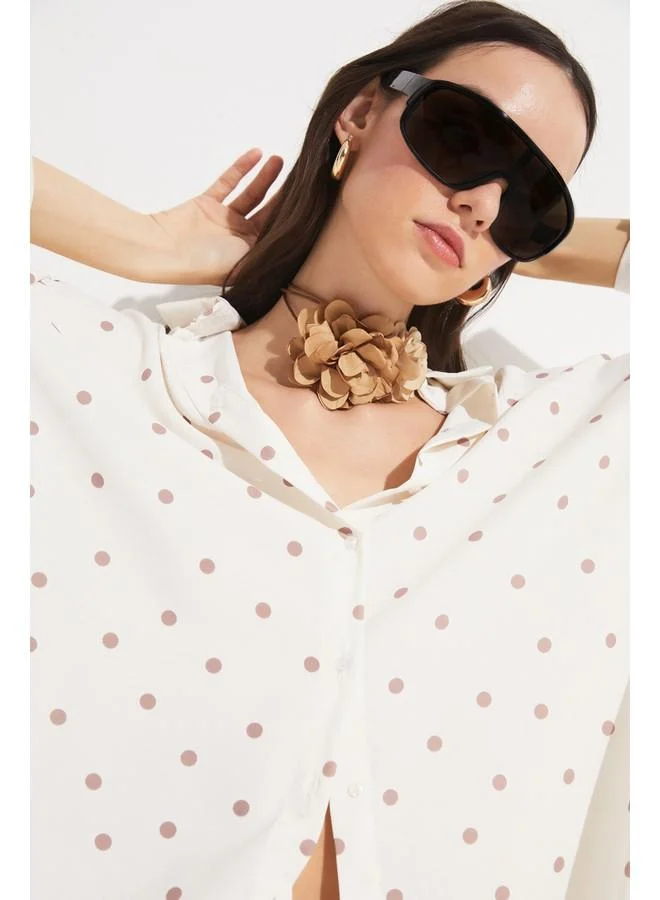 جون June Women Exclusive Boyfriend/Wide Fit Polka Dot Patterned Shirt Ecru