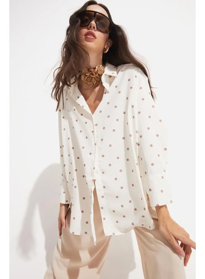 جون June Women Exclusive Boyfriend/Wide Fit Polka Dot Patterned Shirt Ecru