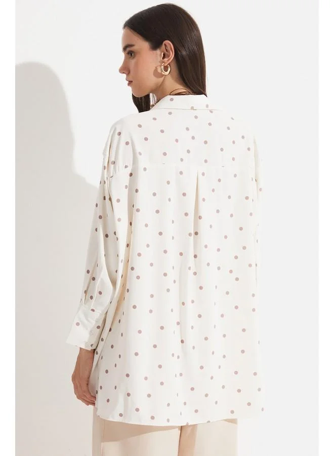 جون June Women Exclusive Boyfriend/Wide Fit Polka Dot Patterned Shirt Ecru