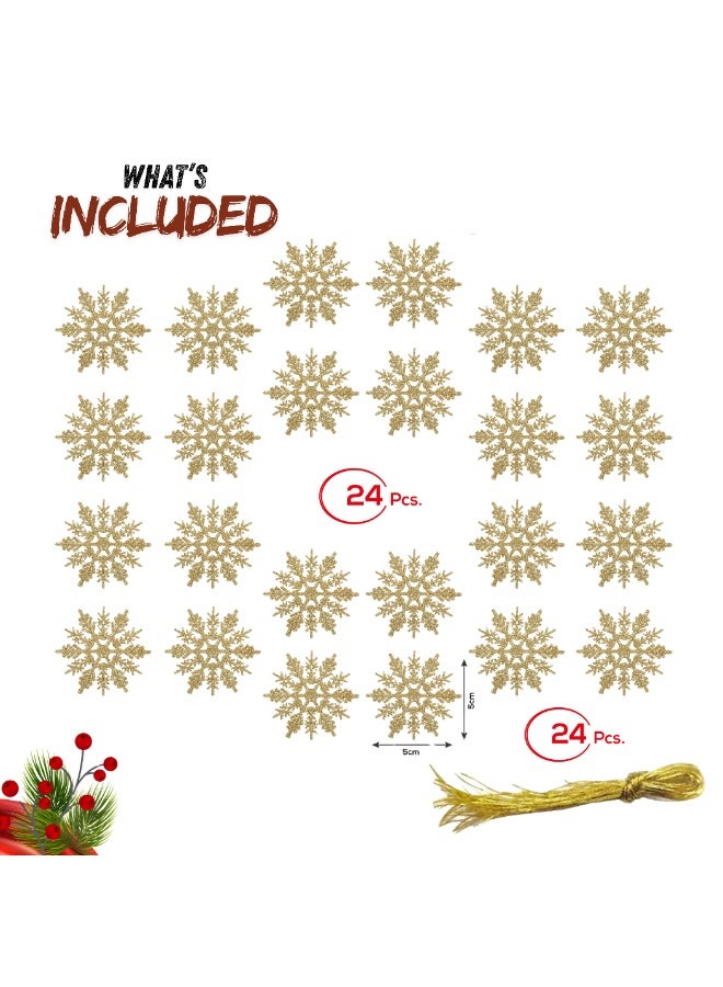 شركة ذي بي زي زينة شجرة عيد الميلاد على شكل رقاقات ثلج معلقة - عبوة من 24 زينة بلاستيكية لامعة مع خيط لتزيين عيد الميلاد وحفلات رأس السنة الشتوية (ذهبية) - Image 2