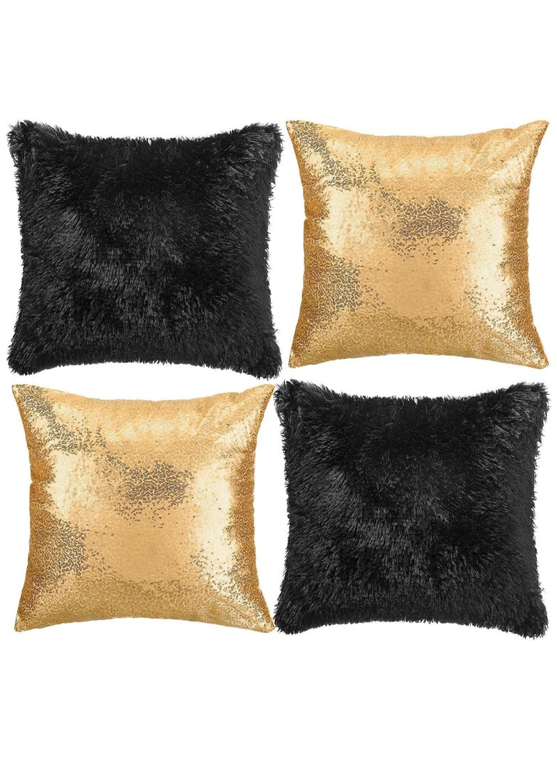KASTWAVE 4 Pcs Sequin and Fluffy Pillow Cases Glitter Pillow Covers Faux Fur Throw Pillow Covers Decorative Cushion Cover for Couch Bed Sofa Wedding, No Pillow Insert (Gold, Black,18'') - Image 1