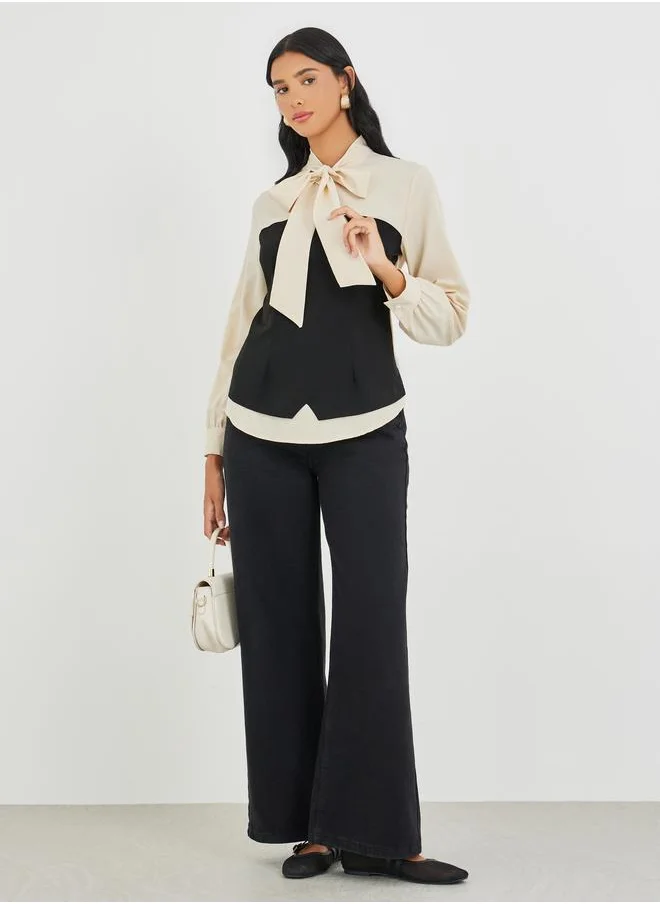 Take Two Take Two Color Block Tie Up Neck Long Sleeve Blouse