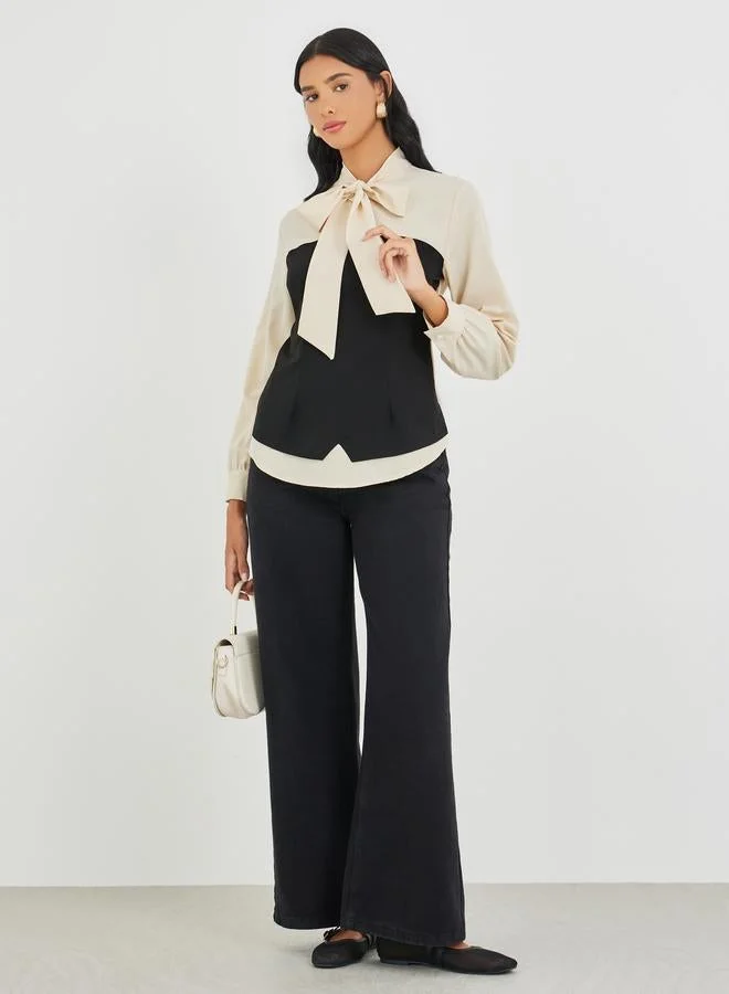 Take Two Take Two Color Block Tie Up Neck Long Sleeve Blouse