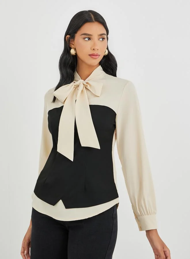 Take Two Take Two Color Block Tie Up Neck Long Sleeve Blouse