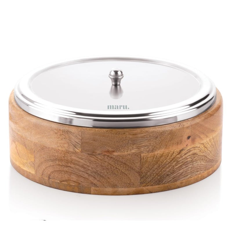 صندوق روتي دائري خشبي مارُو مع غطاء من الفولاذ المقاوم للصدأ - حاوية تخزين تشاباتي متينة | طاجن تقليدي للروتي، الخبز والاستخدام اليومي في المطبخ (صندوق روتي خشبي)