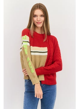 ONLY Women Crew Neck Knitted Sweater, Red/Beige  - Image 1