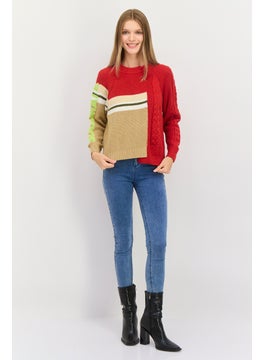 ONLY Women Crew Neck Knitted Sweater, Red/Beige  - Image 4