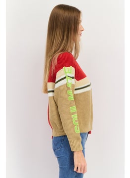 ONLY Women Crew Neck Knitted Sweater, Red/Beige  - Image 2