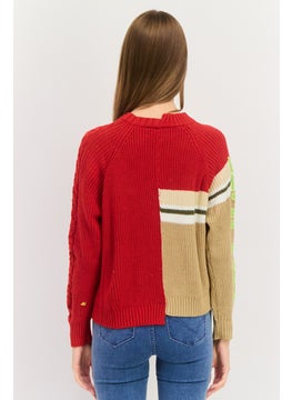ONLY Women Crew Neck Knitted Sweater, Red/Beige  - Image 3