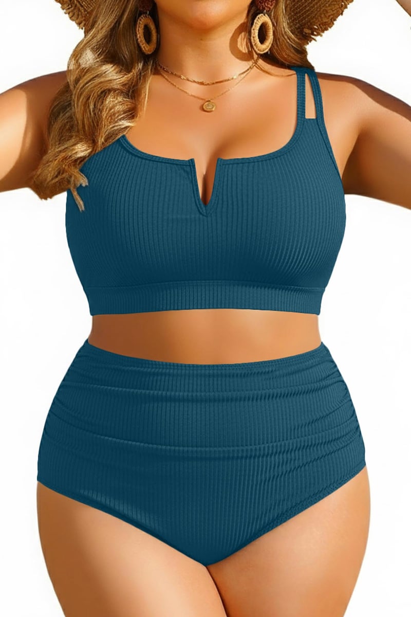 Yonique Women Plus Size High Waisted Bikini - Ribbed Two Piece Swimsuit Tummy Control Bathing Suit V-Wired 2025 Swimwear Teal 18W - Image 1