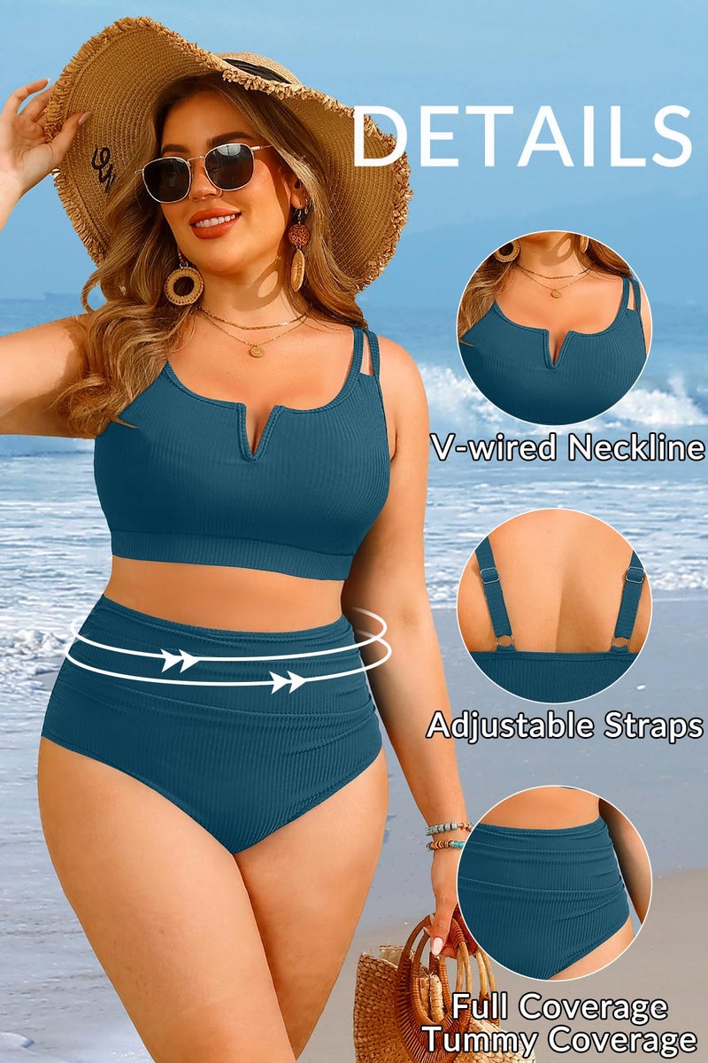 Yonique Women Plus Size High Waisted Bikini - Ribbed Two Piece Swimsuit Tummy Control Bathing Suit V-Wired 2025 Swimwear Teal 18W - Image 3