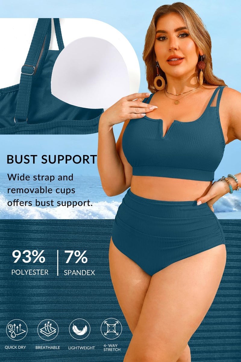 Yonique Women Plus Size High Waisted Bikini - Ribbed Two Piece Swimsuit Tummy Control Bathing Suit V-Wired 2025 Swimwear Teal 18W - Image 4