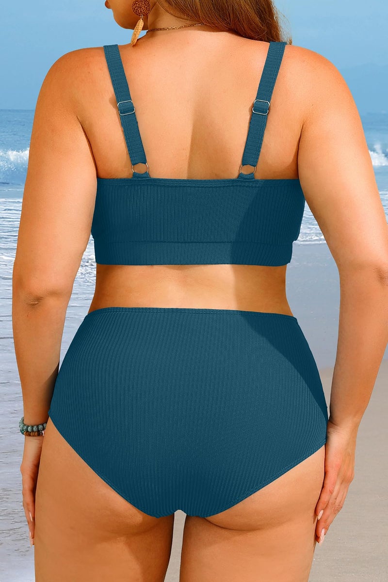Yonique Women Plus Size High Waisted Bikini - Ribbed Two Piece Swimsuit Tummy Control Bathing Suit V-Wired 2025 Swimwear Teal 18W - Image 2