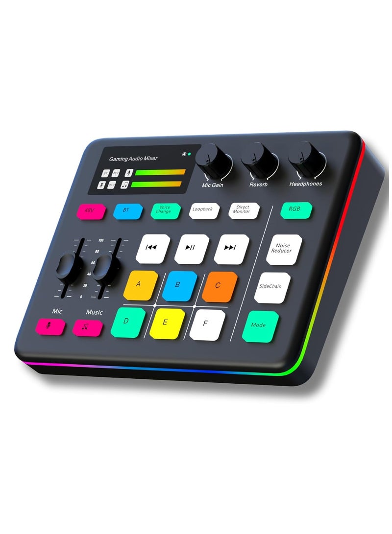 Game audio interface, Pro preamplifier with 48V slide power, speech converter and DJ mixer effect, RGB lighting, suitable for live broadcasting, podcasting, recording, streaming compatibility, game  - Image 1