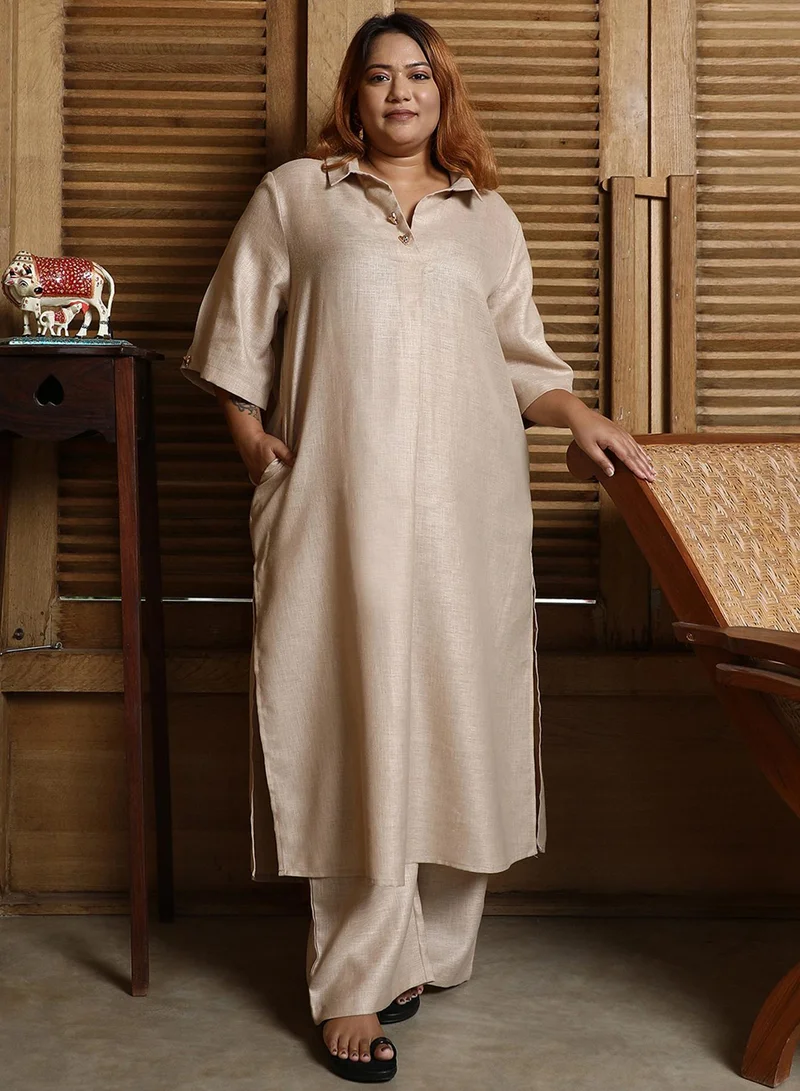انستافاب بلس Women's Sand Beige Solid Linen-Blend Kurta Set