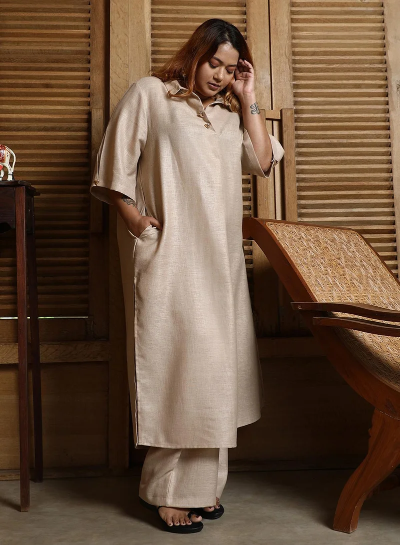 Instafab Plus Women's Sand Beige Solid Linen-Blend Kurta Set