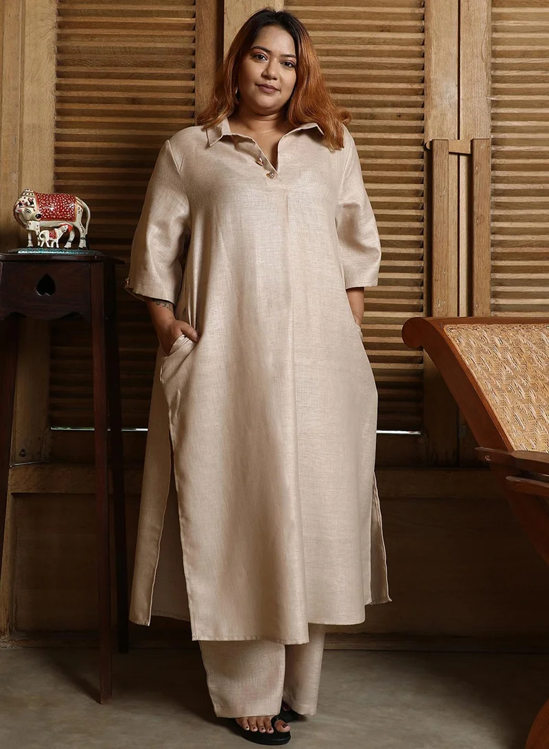 انستافاب بلس Women's Sand Beige Solid Linen-Blend Kurta Set