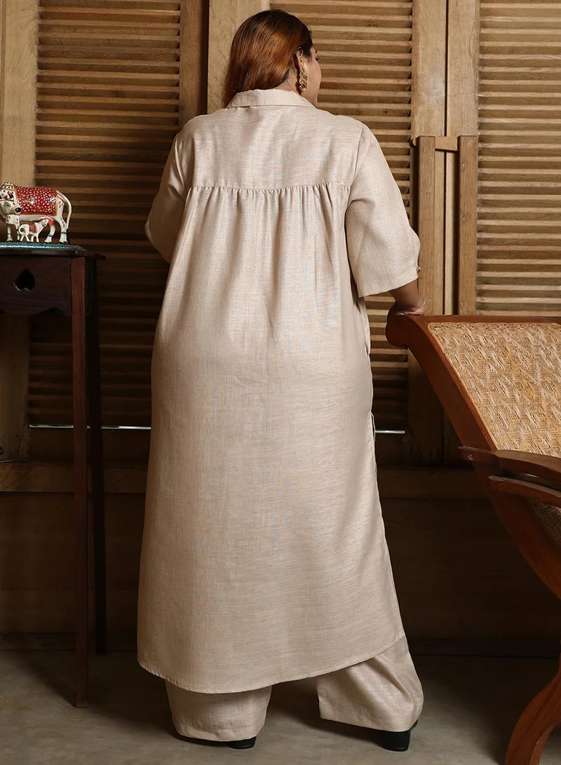 Instafab Plus Women's Sand Beige Solid Linen-Blend Kurta Set