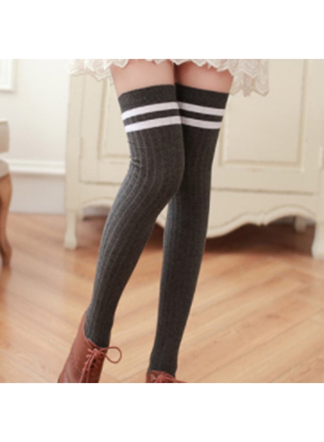 High Stocking 2 Strips Thigh Vertical Line knitting Over Knee Socks Black - Image 2