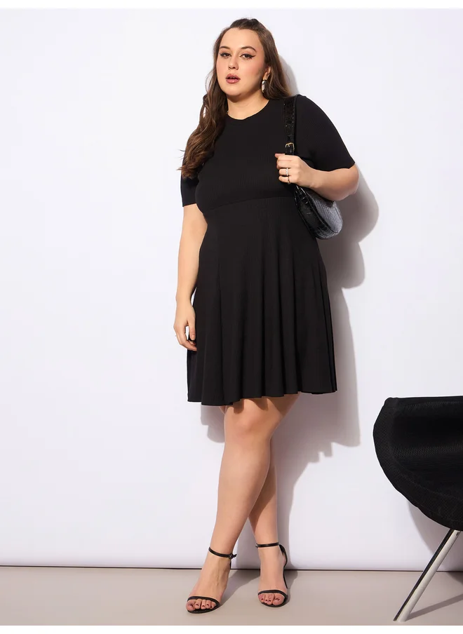 ساسافراس Sassafras Plus Size Ribbed Round Neck Knee Length Dress