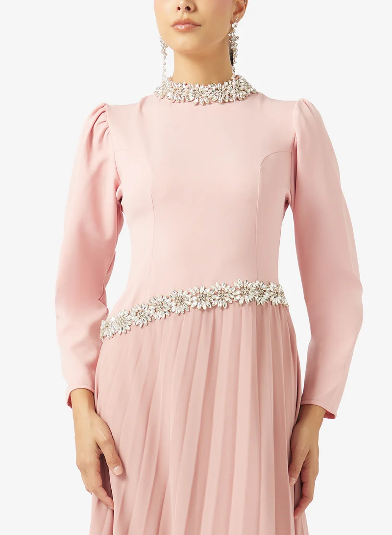 Khizana  Pleated Dress With Aysmmetric Embellished Waistline for Women | Best Price UAE