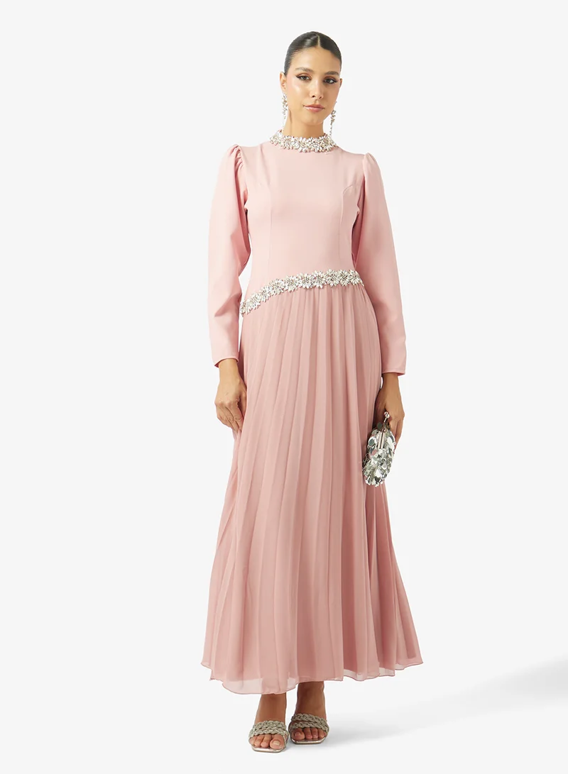 Khizana  Pleated Dress With Aysmmetric Embellished Waistline for Women | Best Price UAE