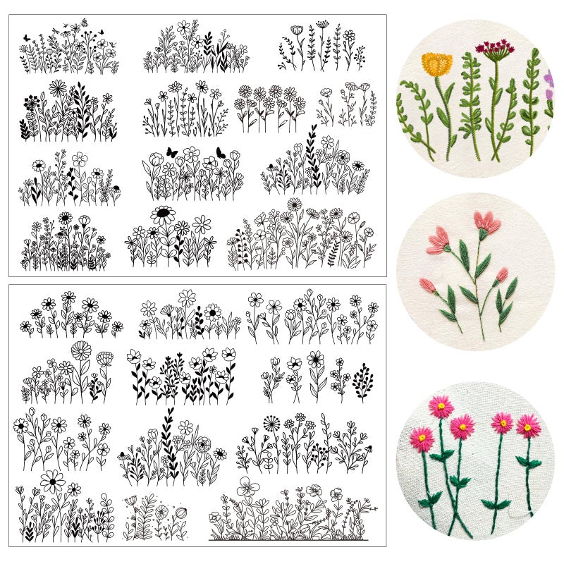 INCOK Flower Water Soluble Embroidery Patterns, 25 Pcs Stick and Stitch Embroidery Papers Wash Away Pre-Printed Floral Pattern Transfers, Customized Gift for Hand Sewing Lover Beginners - Image 1