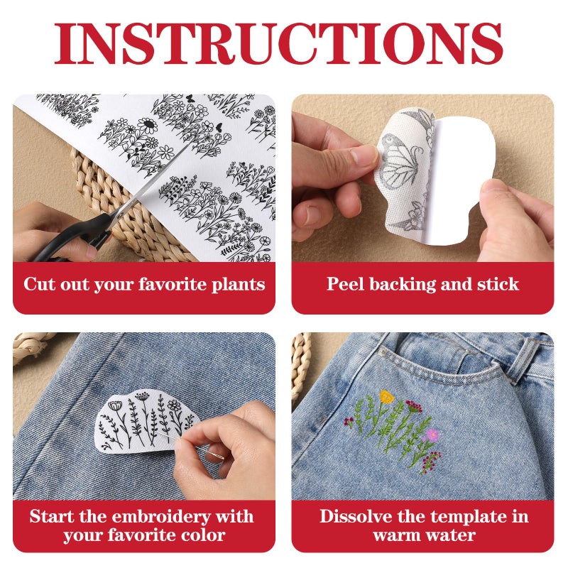 INCOK Flower Water Soluble Embroidery Patterns, 25 Pcs Stick and Stitch Embroidery Papers Wash Away Pre-Printed Floral Pattern Transfers, Customized Gift for Hand Sewing Lover Beginners - Image 2