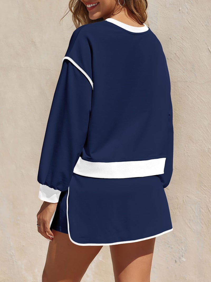 Fisoew Womens Sweatsuits 2 Piece Set Crewneck Sweatshirts High Waisted Skort Skirts Tennis Running Tracksuits Shorts Sets - Image 4